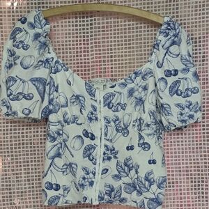 Rachel Zoe Blue and White Floral Puff Sleeve Blouse